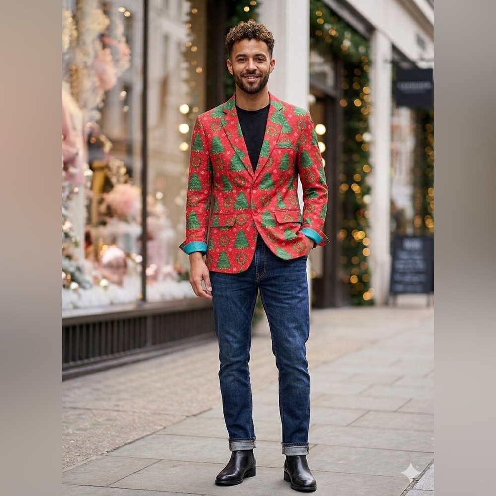 Suitmeister Mens Christmas Tree Wreath Blazer Red Holiday Party Jacket Medium
